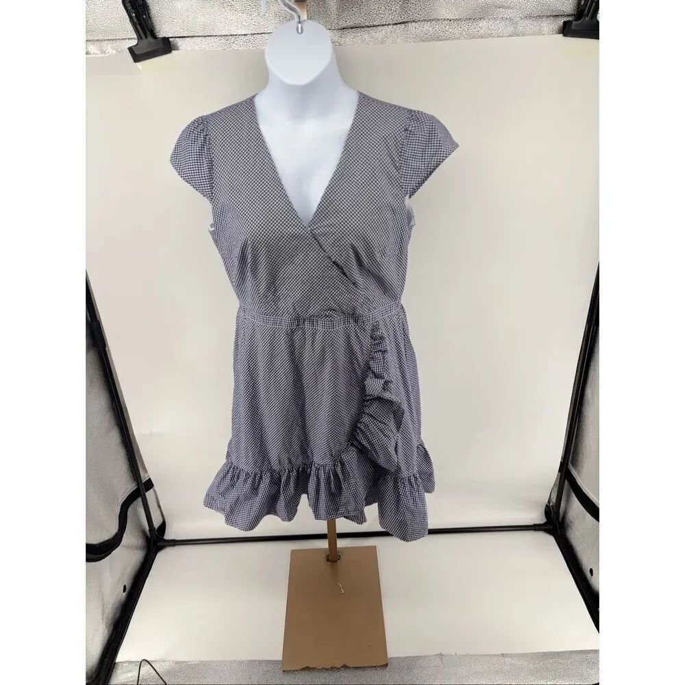 J.Crew Gingham Ruffle Hem Mini Dress Navy Blue White Size 14 Poplin Preppy